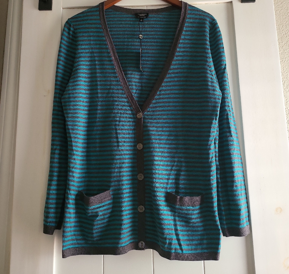 TALBOTS Italian Merino Wool Gray Teal Cardigan Size L